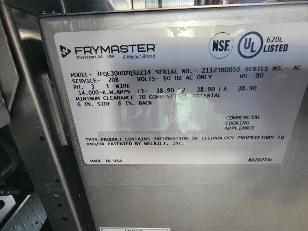 Frymaster commercial cooking appliance, Model 3FQE30UOZQ3ZZ14, 208V, 14KW, NSF and UL listed, made in USA. Serial: 2112JB0050.