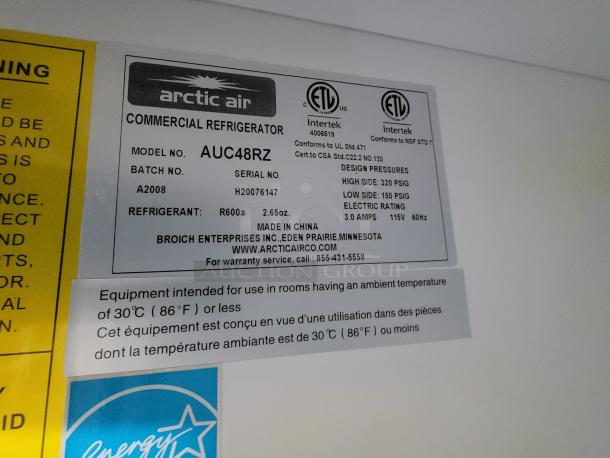 Arctic Air commercial refrigerator label, model AUC48RZ, serial H20076147. Refrigerant R600a, electric rating 115V, 3.0 amps.