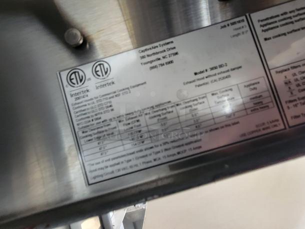 Industrial exhaust hood label showing model X VXD BC-2 by CaptiveAire Systems, with ETL and Intertek certifications and specifications.