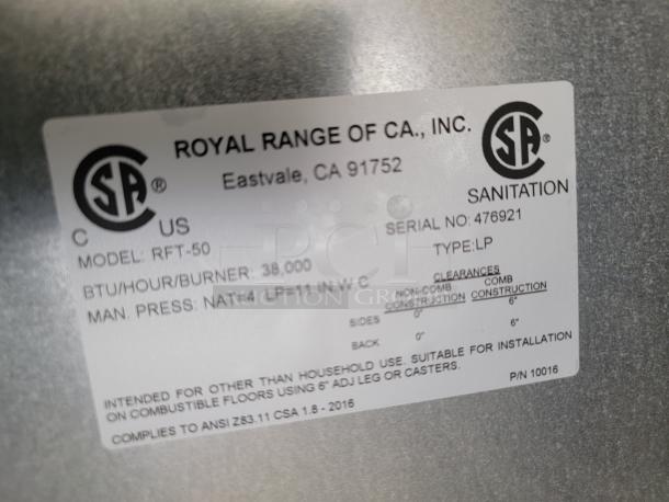Label on Royal Range Model RFT-50, 38,000 BTU/hour, Serial 476921, Eastvale, CA. For non-household use.