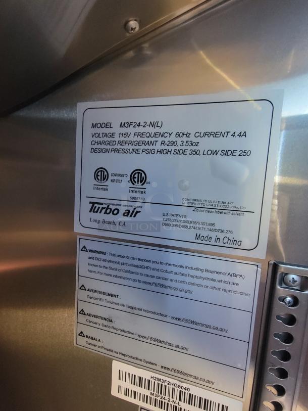 Turbo Air M3F24-2-N(L) model sticker; 115V, 60Hz, R-290 refrigerant. Warning labels about chemical exposure. Made in China.