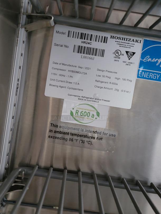 Hoshizaki HR24C refrigerator label showing model, serial number L00166J, and specs. Suitable for up to 86°F use.