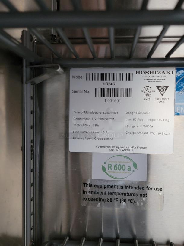 Hoshizaki HR24C commercial refrigerator label showing model, serial number, and manufacture date of Sep 2021. Uses R-600a refrigerant.