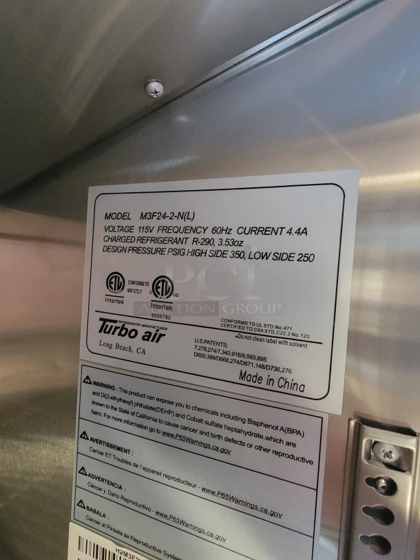 Turbo Air model M3F24-2-N(L) label, voltage 115V, frequency 60Hz, made in China. Warning about chemical exposure.