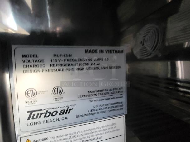Turbo Air refrigerator label, model MUF-28-N, 115V, uses R-290 refrigerant, made in Vietnam. ETL certified.