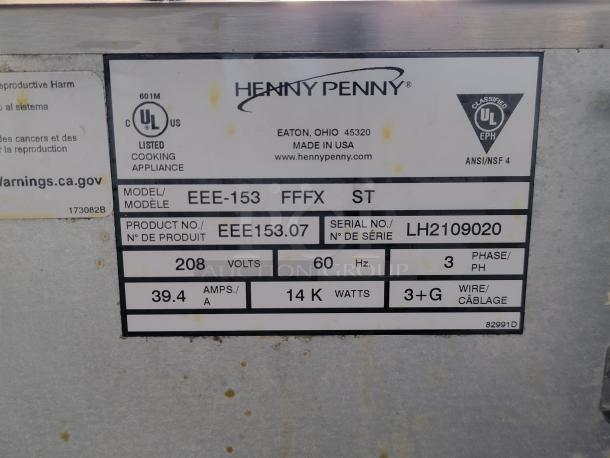 Henny Penny cooking appliance label; Model EEE-153, 208V, 14KW, Serial LH2109020, UL listed, made in USA.