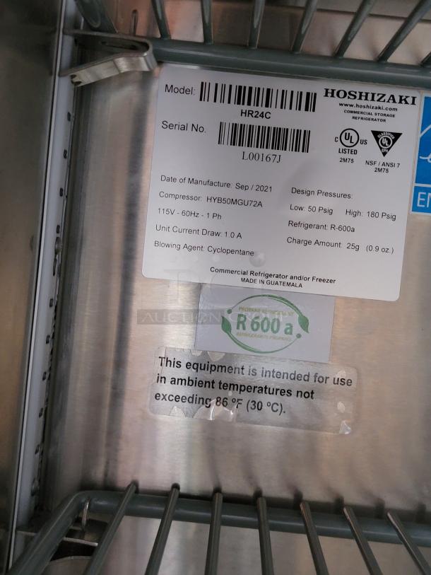 Hoshizaki HR24C commercial refrigerator, model HYB50MGU72A, made in September 2021, uses R-600a refrigerant.