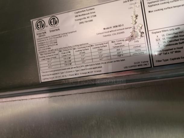 CaptiveAire exhaust hood label, model 3650 BD-2, listing specifications for airflow, cooking surface temperature, and filter requirements.