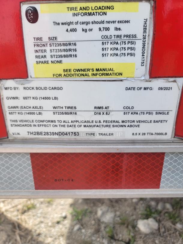 Rock Solid Cargo trailer label, GVWR 6577 kg, tire size ST235/80/R16, manufactured 09/2021, VIN: 7H2BE2839ND041753.