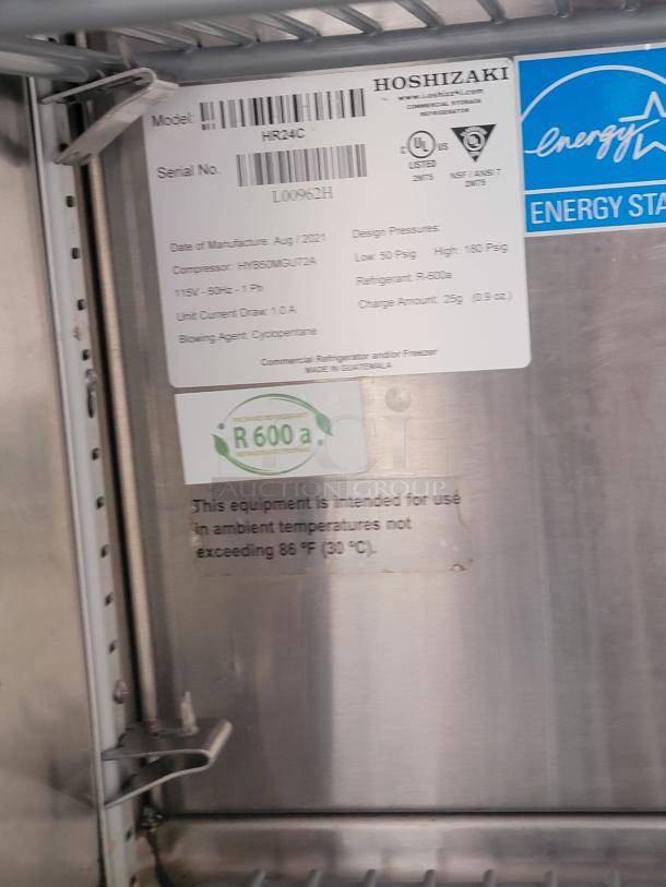 Hoshizaki HR24C refrigerator label showing model, serial number L00962H, built August 2021, Energy Star certified.