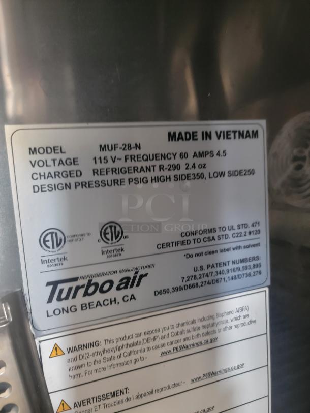 Turbo Air MUF-28-N commercial refrigerator label, made in Vietnam. Voltage: 115V, Refrigerant: R-290 2.4 oz, PSI: 350/250.