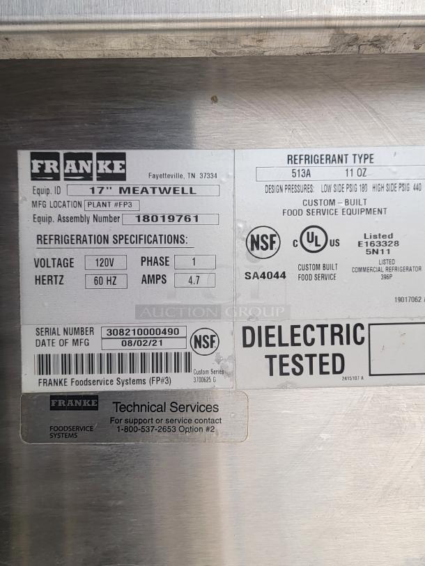 Franke 17" Meatwell refrigeration unit label, model 18019761, 120V, 60Hz, 4.7A, manufactured 08/02/21, NSF certified.