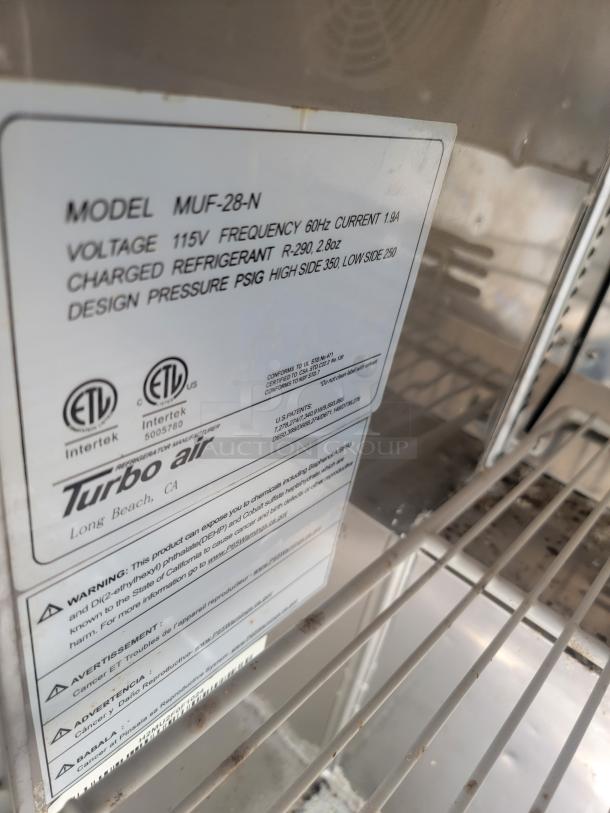 Turbo Air commercial refrigerator, Model MUF-28-N. Voltage: 115V, Frequency: 60Hz, Refrigerant: R-290. Located in Long Beach, CA. ETL certified.