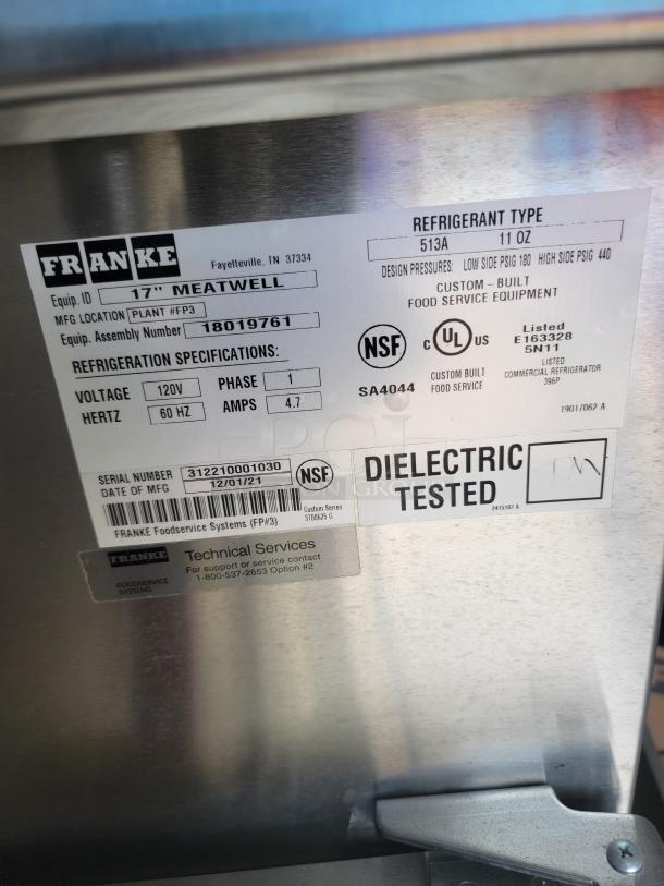 Franke 17" Meatwell refrigerator label, model 18019761, 120V, 60Hz, 4.7A. NSF certified, manufactured in 2021.