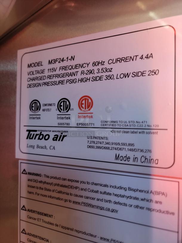 Turbo Air M3F24-1-N label details. Voltage: 115V, Frequency: 60Hz, Refrigerant: R-290, ETL certified. Made in China.