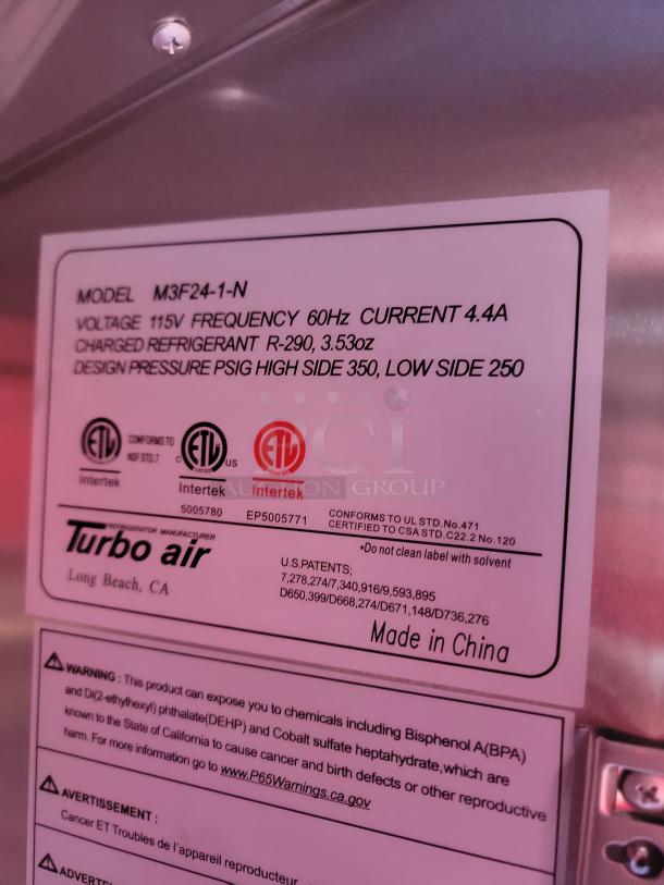Turbo Air refrigerator label, Model M3F24-1-N. Voltage 115V, frequency 60Hz, current 4.4A. Made in China. California warning included.