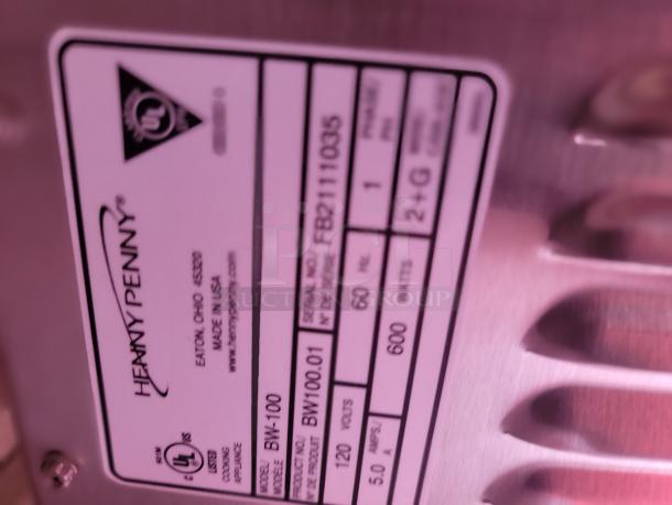 Henny Penny model BW-100 label, Eaton, Ohio. UL listed, 120 volts, 60 Hz, 600 watts, 5.0 amps, made in USA.