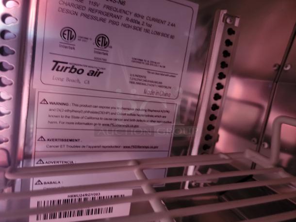 Turbo Air refrigeration unit label showing model and specifications, including ETL certifications from Intertek. Made in China.