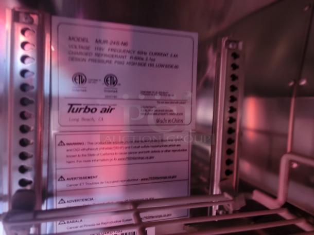 Turbo Air MUR-24S N6 equipment label; 115V, 60Hz, 2.1A, R-600a, made in China. Warning for chemical exposure.