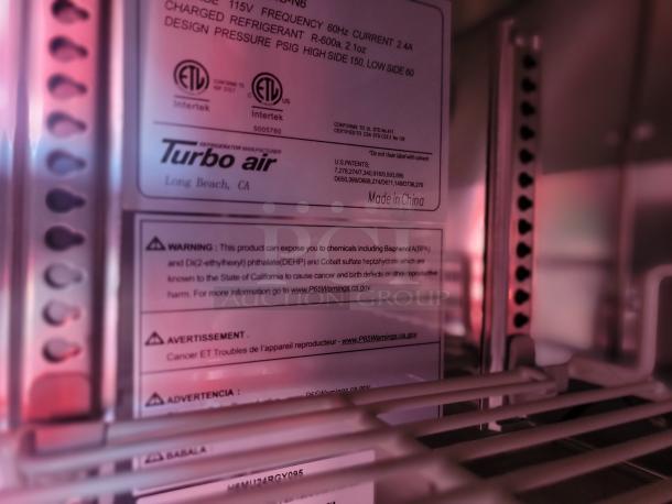 Turbo Air refrigerator label showing model, power specs, ETL certifications, and California chemical warning. Made in China.