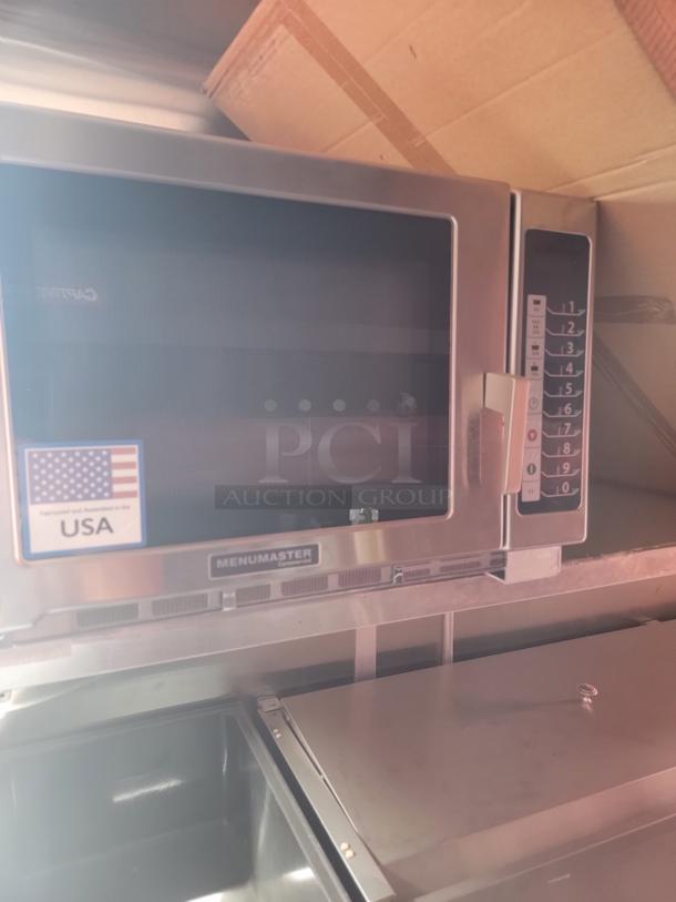 Commercial Menumaster microwave, stainless steel, keypad controls, USA-made label, used condition.