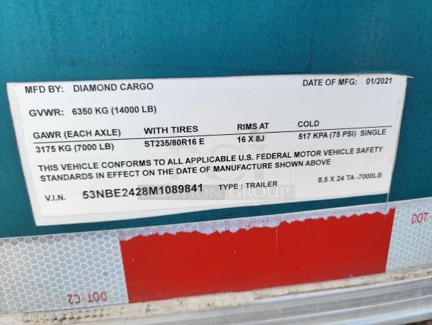 Diamond Cargo trailer label, GVWR 6350 kg, GAWR 3175 kg per axle, ST235/80R16 E tires, VIN 53NBE2428M1089841, made 01/2021.