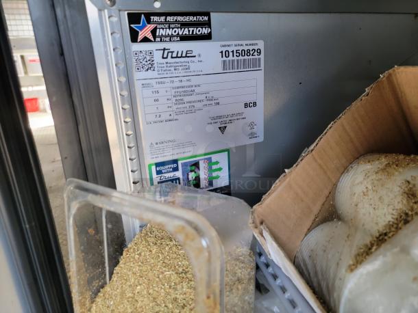 True Refrigeration unit tag showing model TSSU-72-18-HC, serial 10150829, made in USA. Includes herb container.