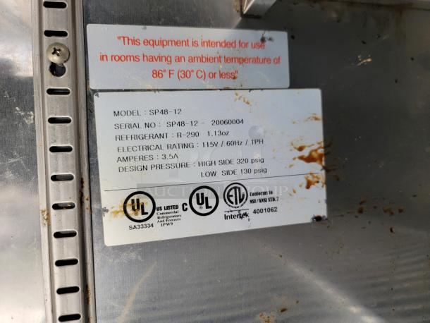 Label showing equipment model SP48-12, serial SP48-12-20060004, UL/ETL certifications. Refrigerant: R-290, 115V, 3.5A.