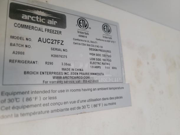 Arctic Air commercial freezer label showing model AUC27FZ, refrigerant R290, 115V, made by Broich Enterprises.