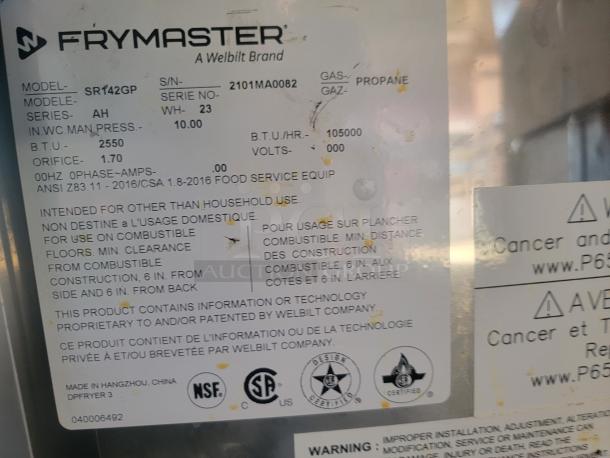 Frymaster SR142GP Propane Gas Fryer label, showing model, 105000 BTU rating, and safety certifications.