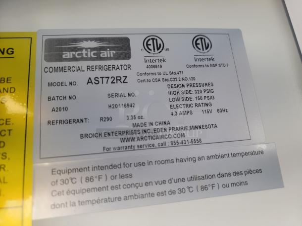 Arctic Air commercial refrigerator label, Model AST72RZ, Serial H20116942, refrigerant R290, made by Broich Enterprises.