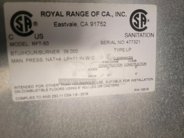 Label on Royal Range Model RFT-50, serial 477321, 38,000 BTU/hr, LP gas type, suitable for commercial installation.