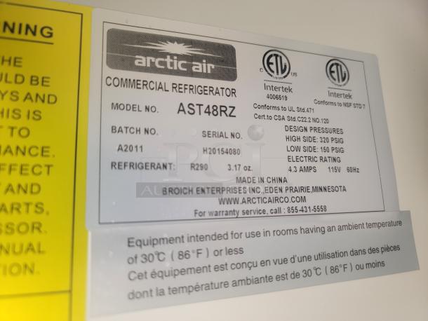 Arctic Air Commercial Refrigerator Model AST48RZ label detailing refrigerant R290, serial number H20154808, 115V, 4.3 amps.