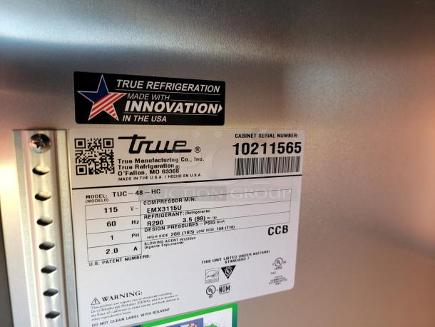 True Refrigeration unit label, model TUC-48-HC, serial 10211565. Features U.S. innovation and design specs.