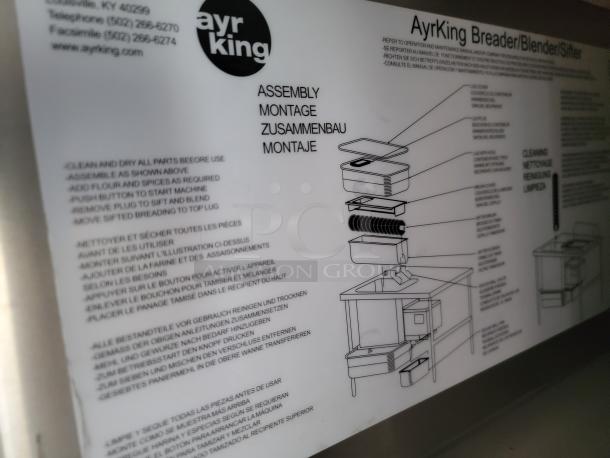 AyrKing Breader/Blender/Sifter diagram and instructions; includes assembly steps and cleaning guidelines; label details operation.