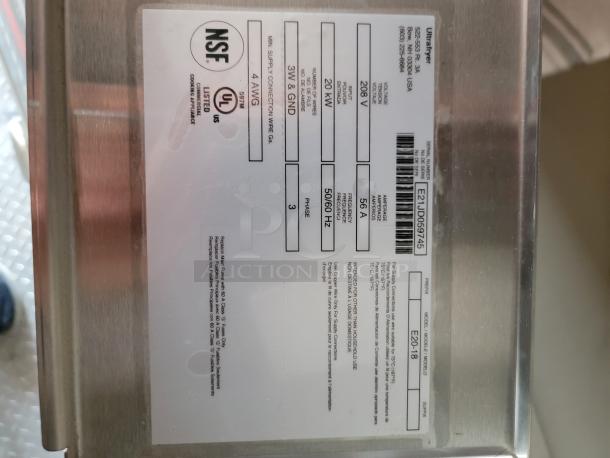 Industrial Ultrafryer label, model E20-18, 208V, 56A, 60Hz, 3 phase, stainless steel casing, NSF and UL certified.