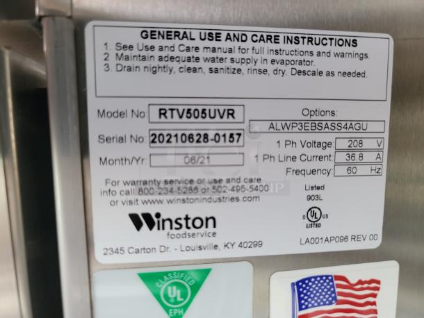 Label on a Winston foodservice appliance, model RTV505UVR, with serial number 20210828-0157, manufactured 06/21.