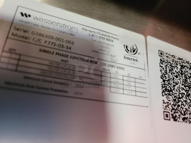 Wasserstrom single-phase junction box label, model C/C F775-03-34, serial G386309-001-002, 120-208V 60Hz, new condition.