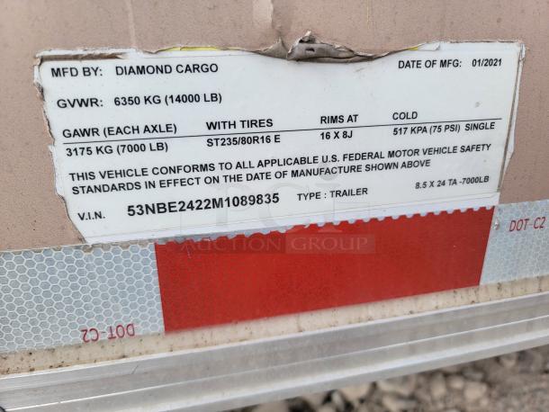 Diamond Cargo trailer label, manufactured 01/2021. GVWR: 6350 kg, GAWR: 3175 kg per axle. Tire size: ST235/80R16. VIN: 53NBE2422M1089835.