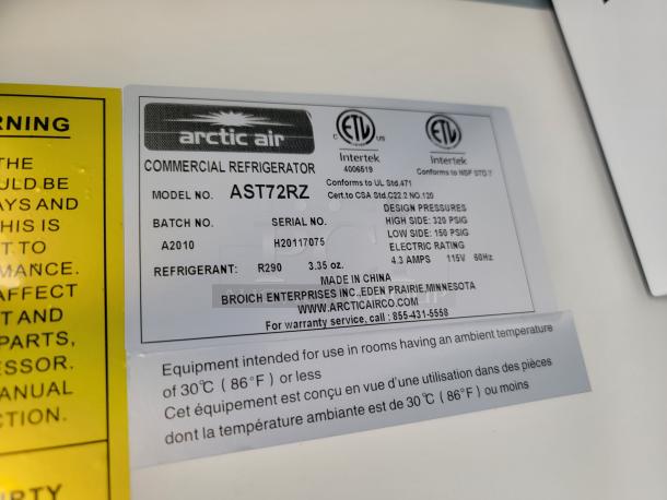 Arctic Air Commercial Refrigerator Model AST72RZ label with specs, refrigerant R290, electric rating 115V, made in China.