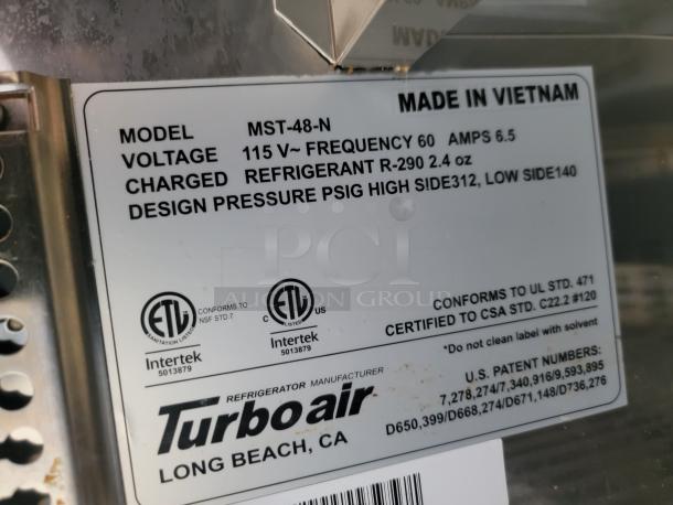 Turbo Air refrigerator label, Model MST-48-N, 115V, R-290 refrigerant, ETL certified, made in Vietnam.
