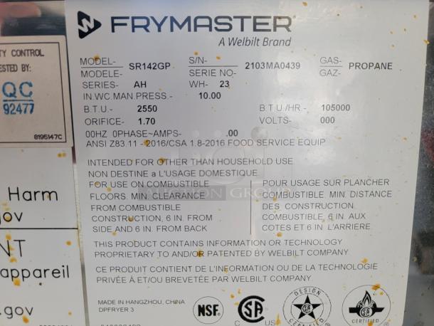 Frymaster SR142GP propane fryer label, model AH, BTU 105000, serial 2103MA0439; intended for commercial use, NSF certified.