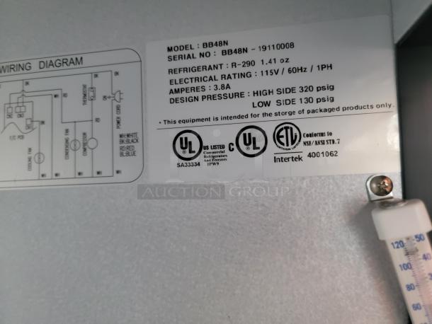 Label for model BB48N refrigerator, serial BB48N-19110008, rated 115V, 60Hz, R-290 refrigerant. UL and ETL certified.