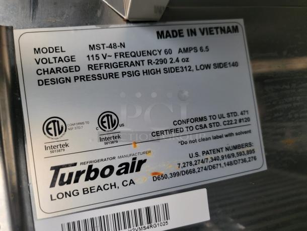 Turbo Air MST-48-N label showing model, voltage 115V, frequency 60Hz, amps 6.5, refrigerant R-290, made in Vietnam.