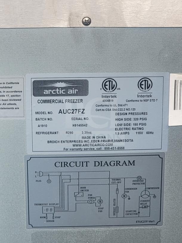 "Arctic Air commercial freezer label on Freightliner MT45, model AUC27FZ, 115V, R290 refrigerant. Includes circuit diagram."