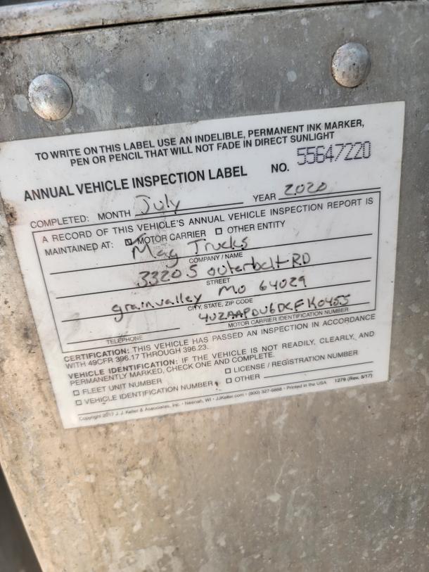 Annual vehicle inspection label for 2013 Freightliner MT45, completed July 2020. VIN: 4UZAAPDU6DCFK0455, inspected by Mey Trucks, Grain Valley, MO.