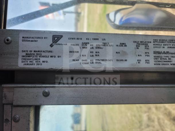 Label on 2013 Freightliner MT45, Utilimaster body. Displays manufacturing details, weights, tire specs, and VIN: 4UZAAPDU6DCFK0455.