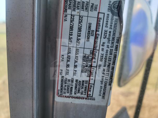 VIN sticker on 2013 Freightliner MT45 mobile kitchen, showing vehicle specifications, seating capacity, and tire information.