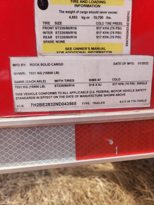 Rock Solid Cargo trailer label, GVWR 7031 kg, GAWR 7031 kg, tire size ST235/80/R16, manufactured 01/2022, VIN 7H2BE2832ND043568.
