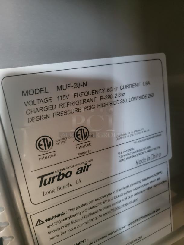 Label of Turbo Air Model MUF-28-N, 115V, R-290 refrigerant, made in China, with warnings and certifications by Intertek.